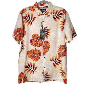 GOOD VIBES ORANGE LEAF FLORAL LIGHTWEIGHT SHORT SLEEVE BUTTON UP‎ MENS LARGE NWT